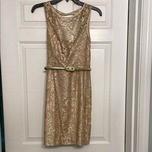 Maggy London Gold Plunge Sheath Midi Dress